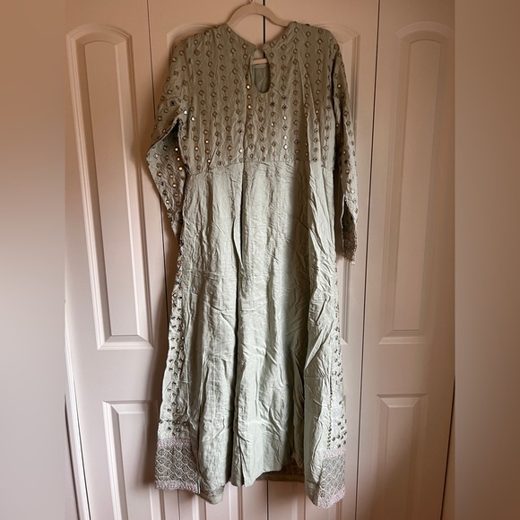 Pakistani designer Sage Green Mirror Work Anarkali with Dupatta Size M - Picture 5 of 5
